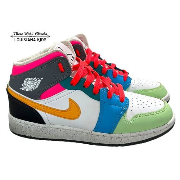 Nike Air Jordan 1 Mid GS 4.5Y White Taxi-Dark Shadow Sneakers - Picture 3 of 11